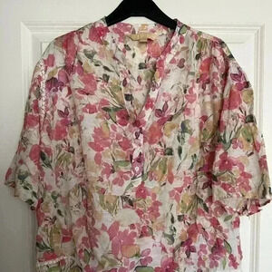 Hope & Harlow Floral Button-Front Blouse Size S – Pink, White, & Green Boho Styl